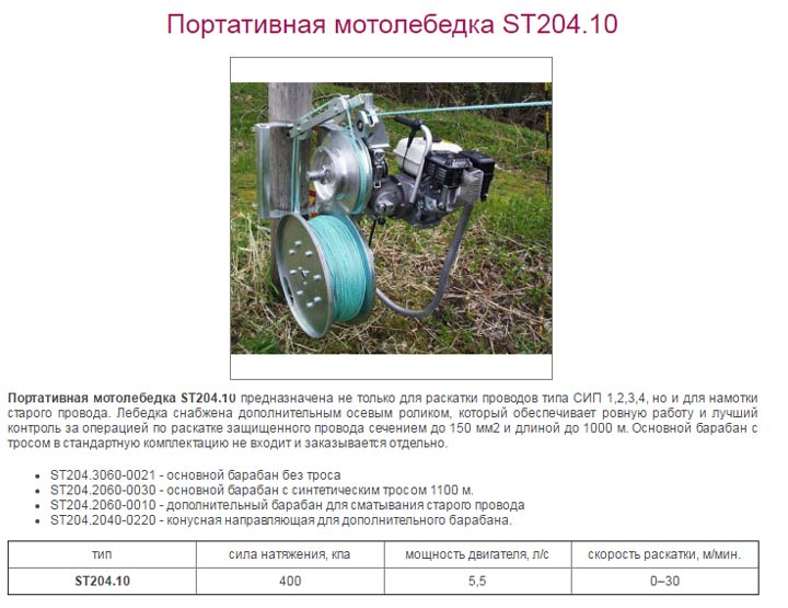 портативная мотолебедка ST204 для раскатки и натяжения проводов СИП