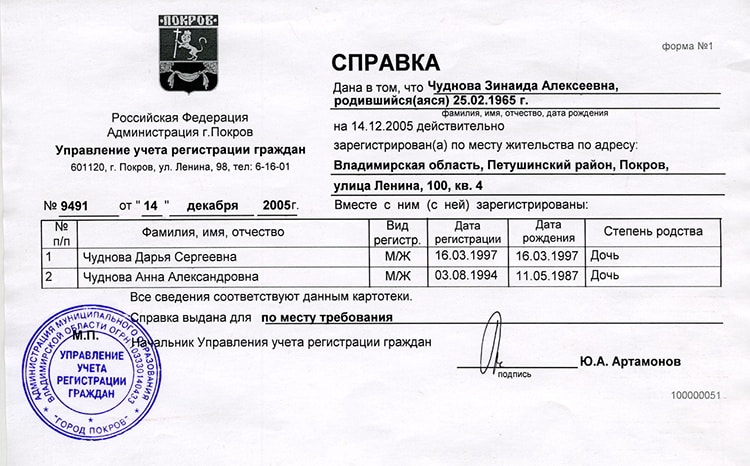 Пример справки о прописанных жильцах